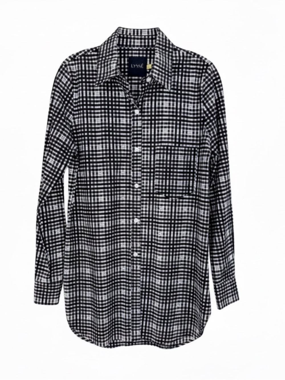 Lysse Women’s Button-Down Shirt. Black Plaid. Size Small